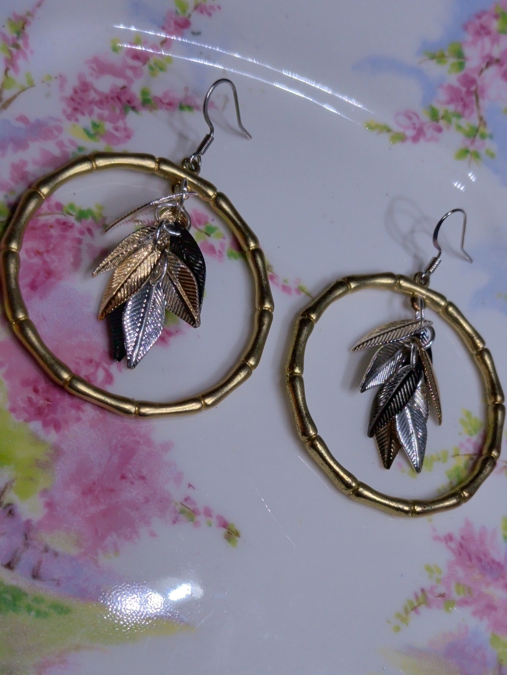 Bamboo Design Statement Hoop Earrings With Dangling Leaves. New